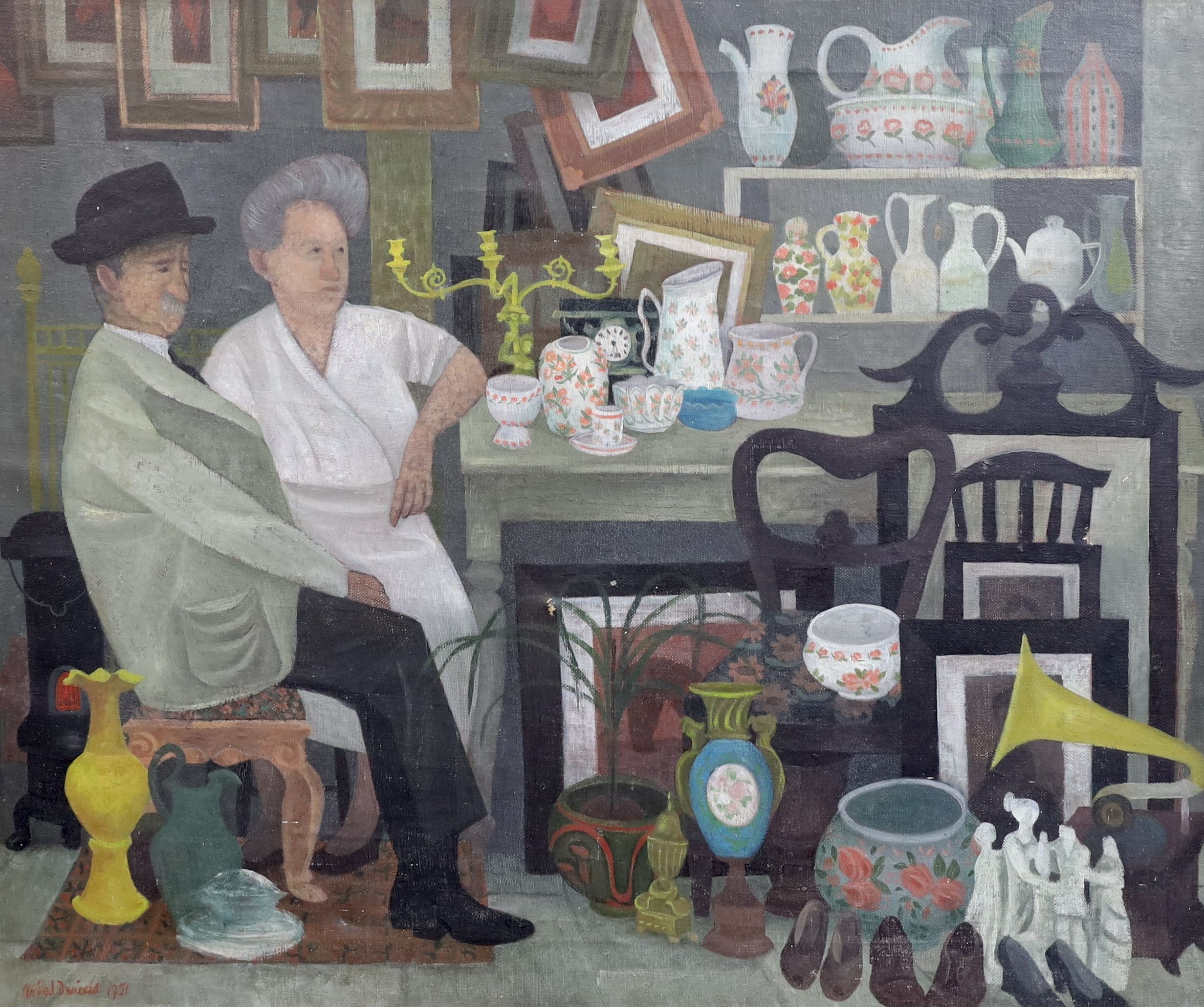 Alfred Daniels (1924-2015), 'The Antiques Stall', oil on canvas, 50 x 60cm